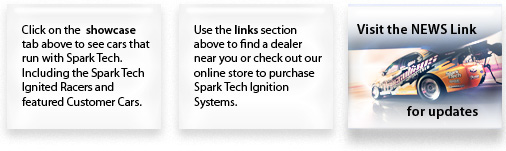 Info Tabs: Check showcase for cars that run SparkTech. Use the links to find a dealer near you. See the latest racing news by clicking on the news tab